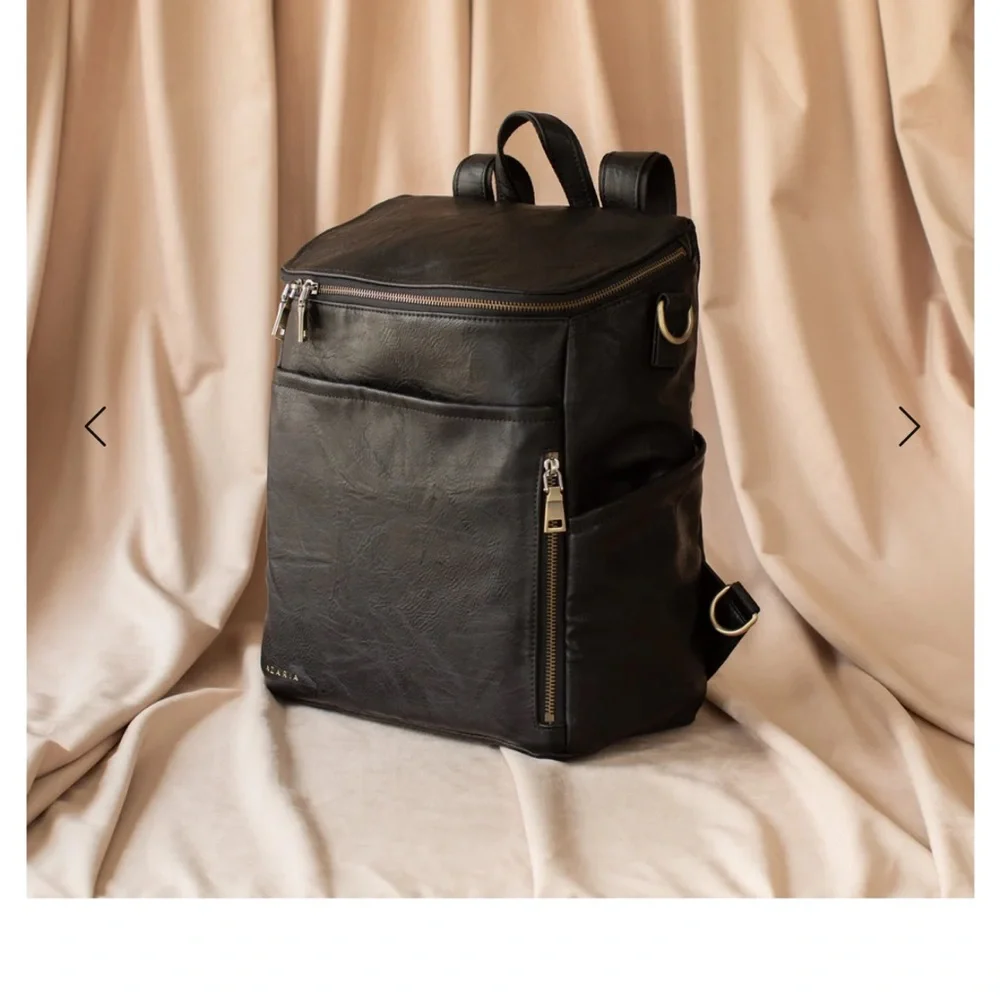 Vegan black leather diaper bag & leopard pouch